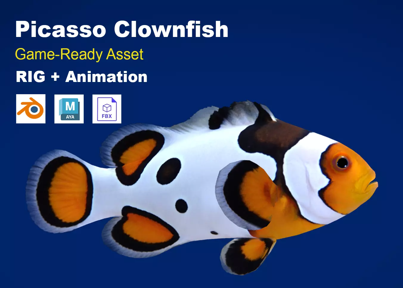 Realistic Picasso Clownfish Animated Low-poly 3D model