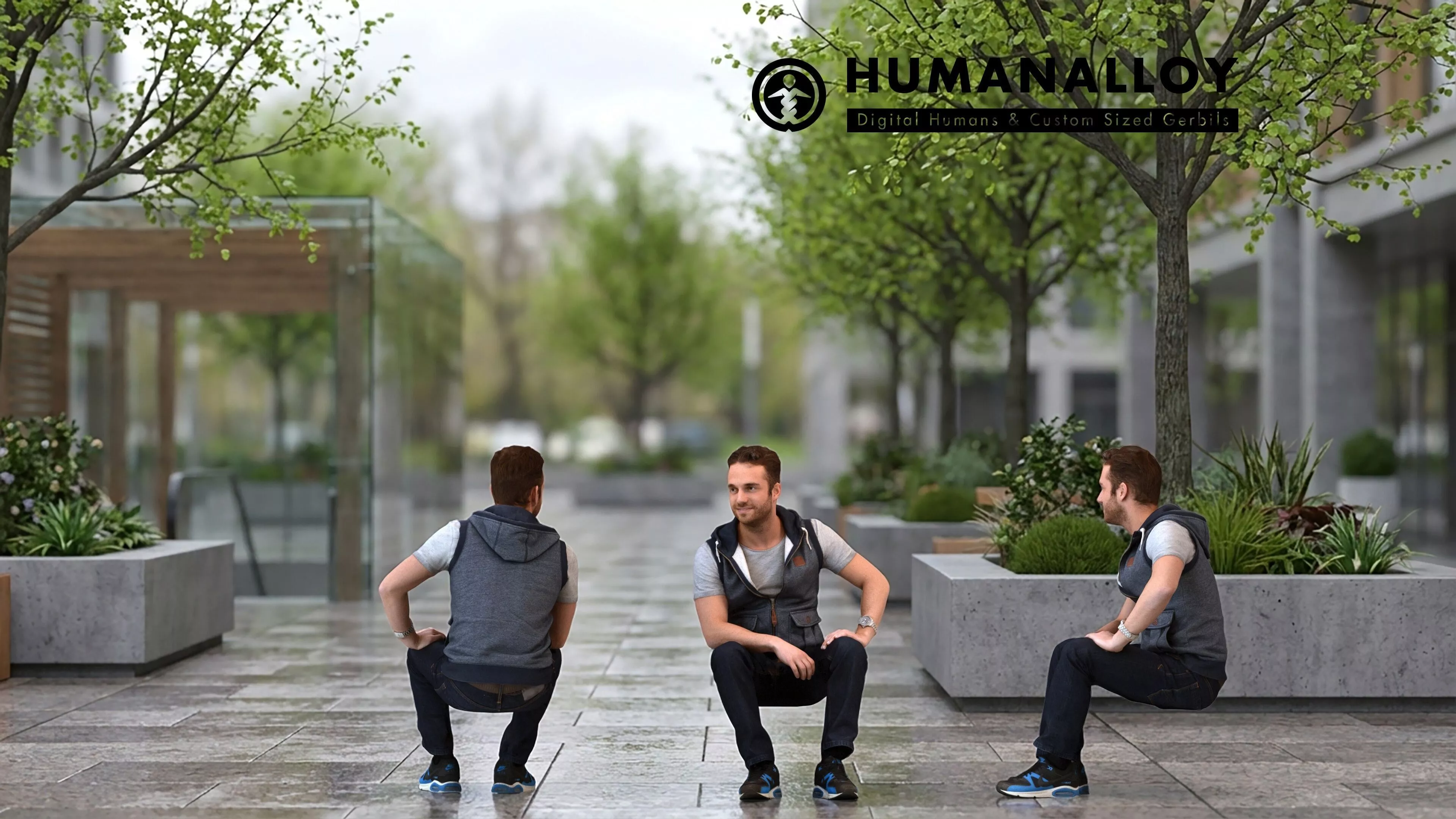 Adult Caucasian man relaxing in public space wearing 3D model