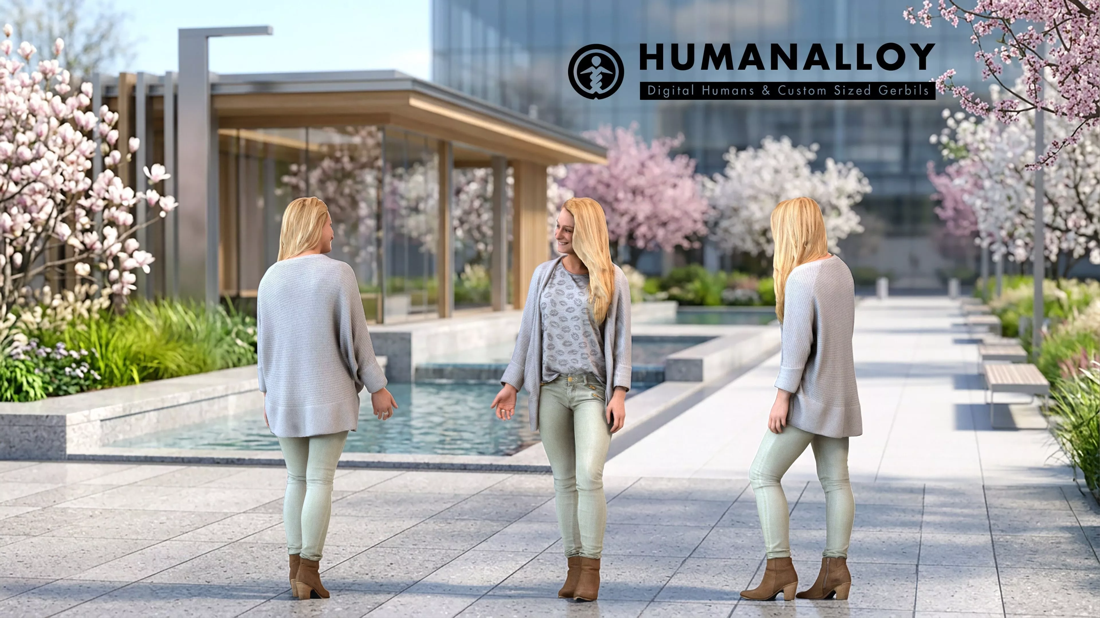 Adult Caucasian woman relaxing in public space wearing 3D model