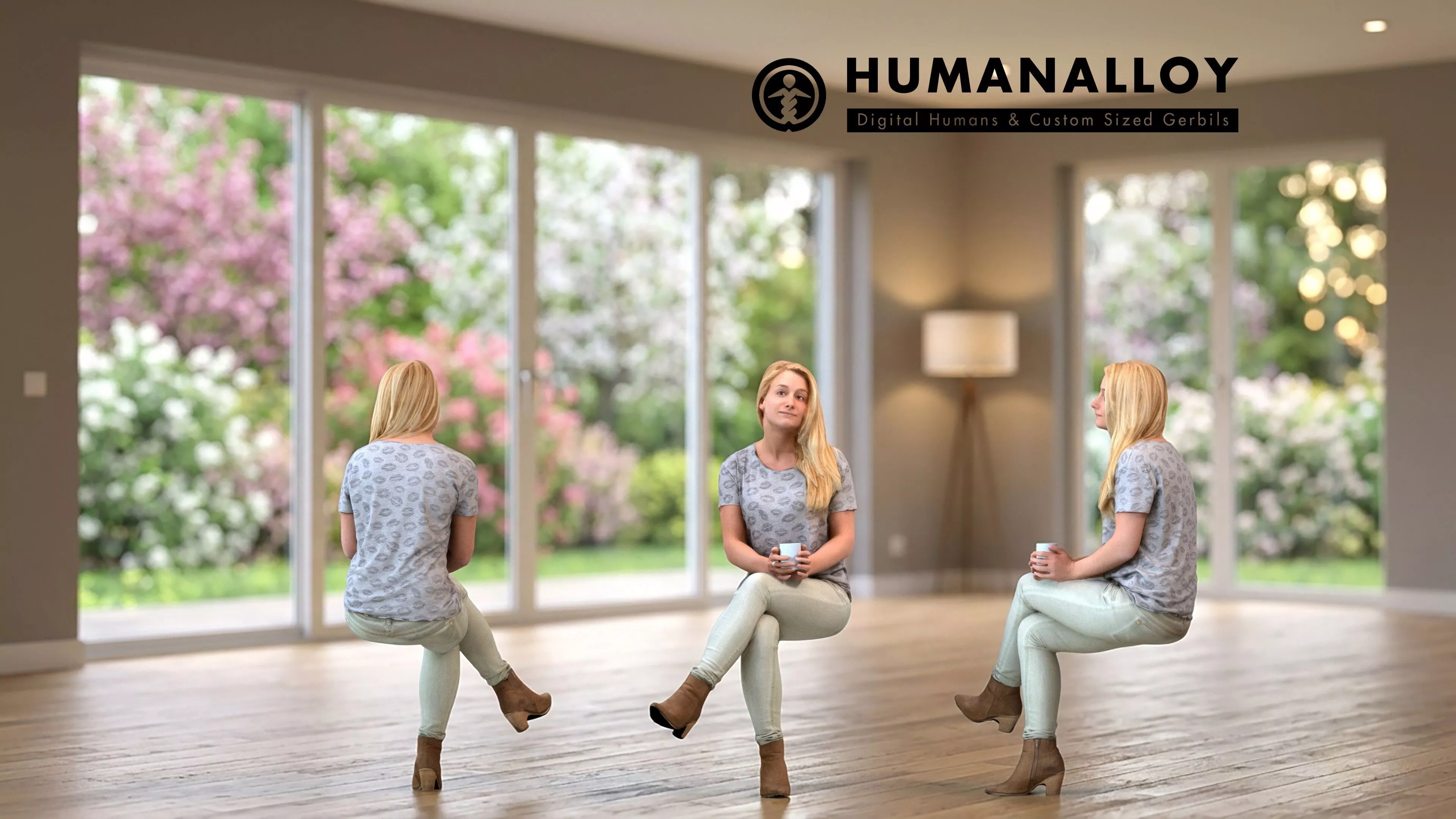 Adult Caucasian woman relaxing at home with coffee in 3D model