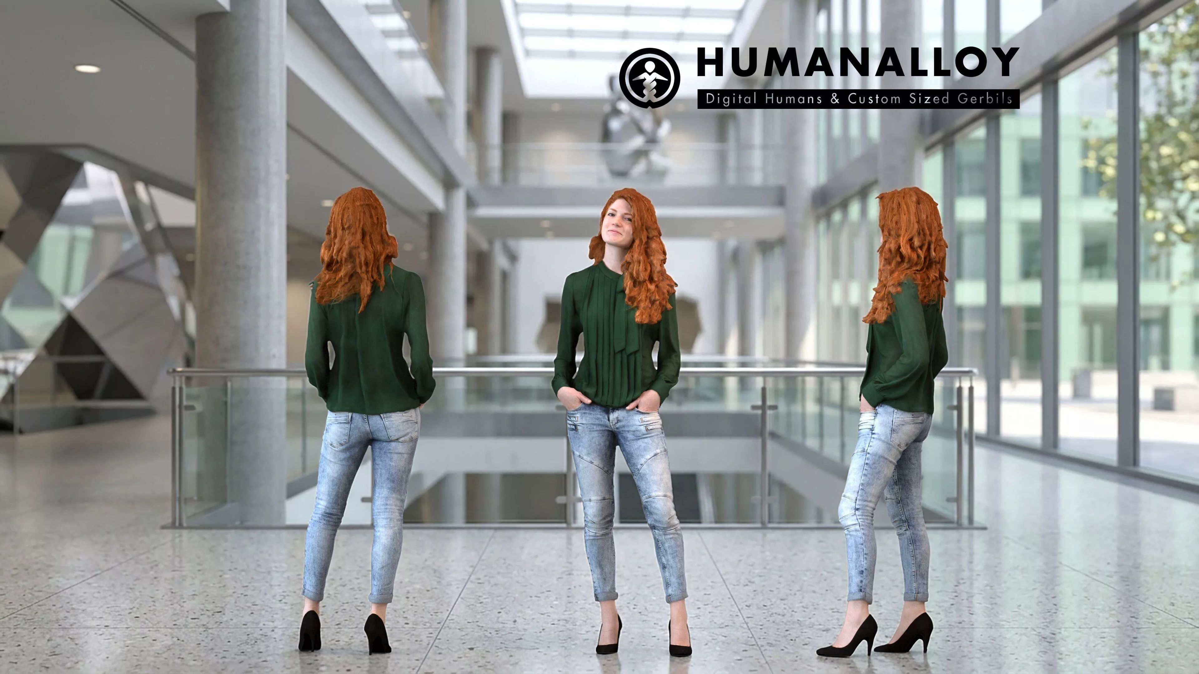 Adult Caucasian woman waiting in public space wearing 3D model