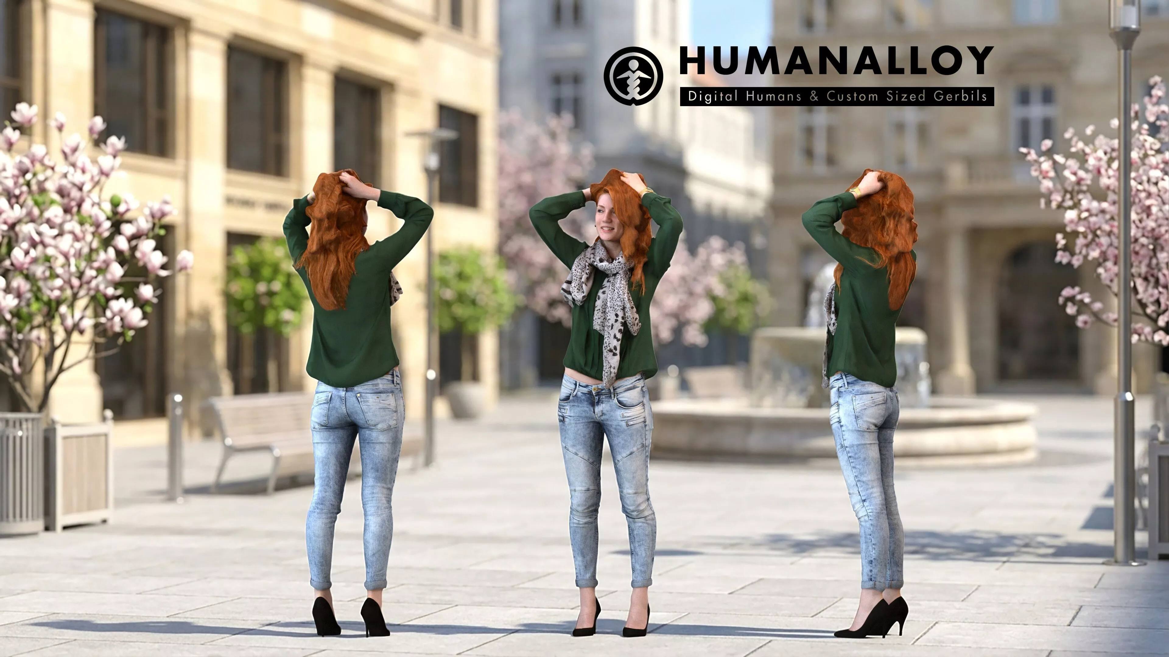 Adult Caucasian woman relaxing in public space wearing autumn 3D model