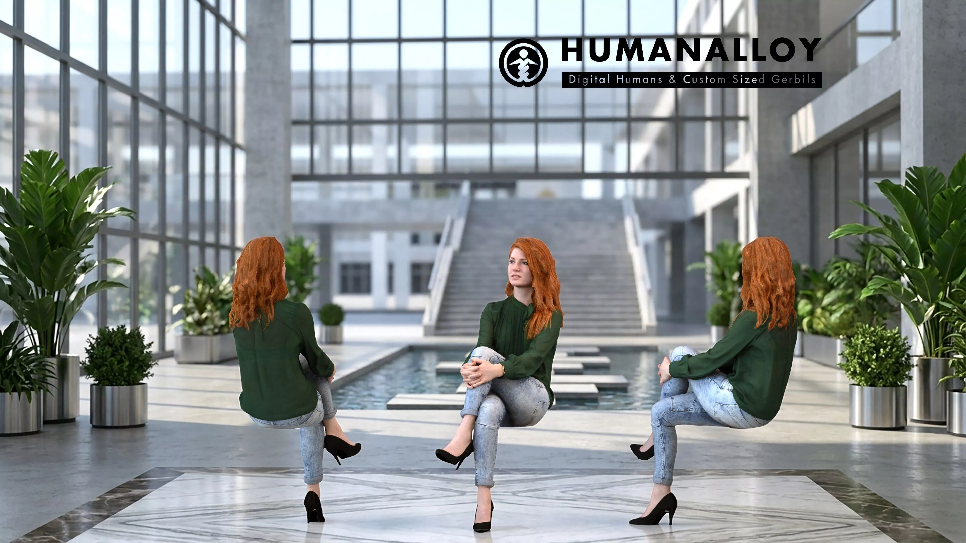 Adult Caucasian woman relaxing in public space wearing 3D model