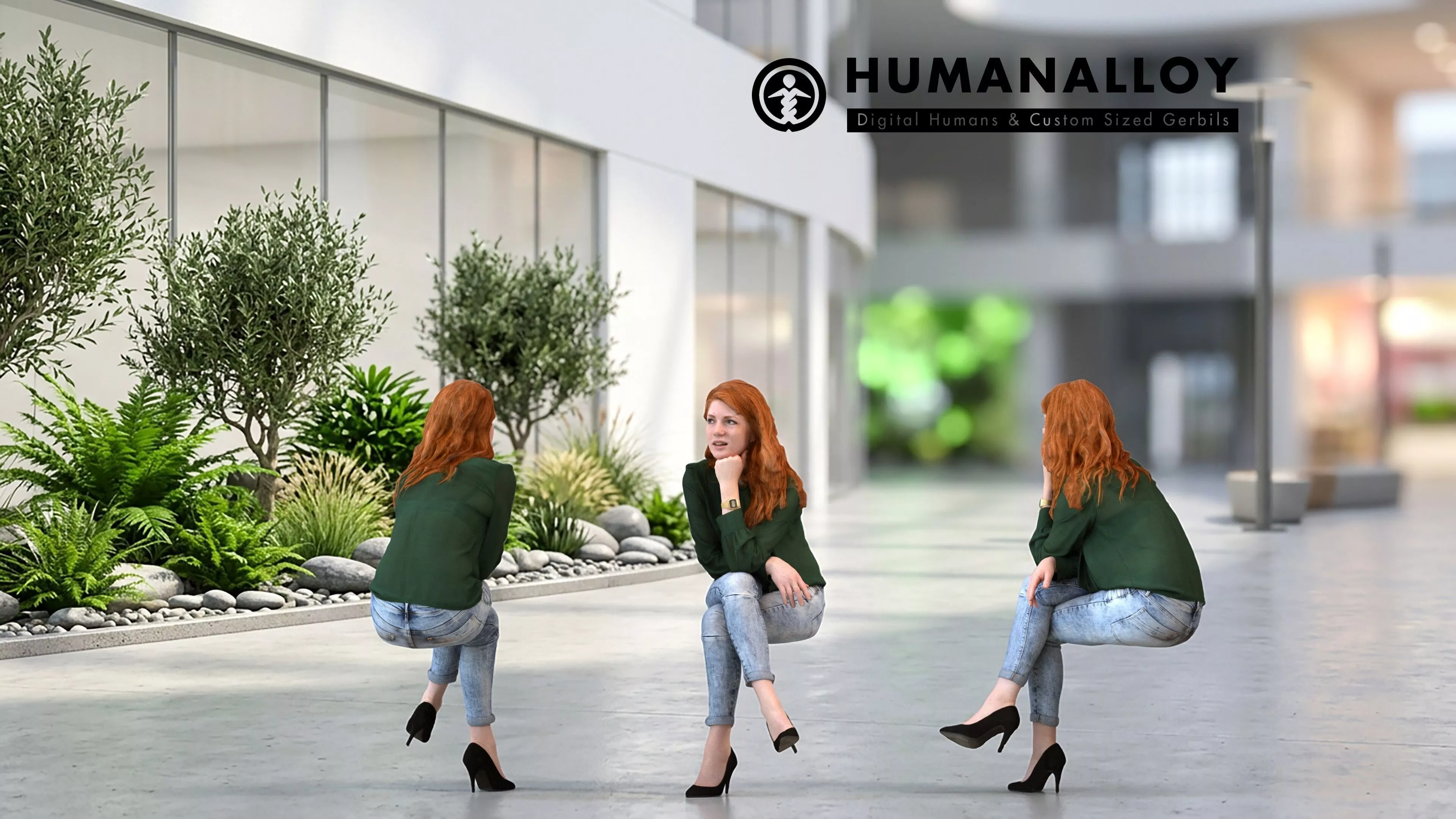 Adult Caucasian woman relaxing in public space wearing 3D model