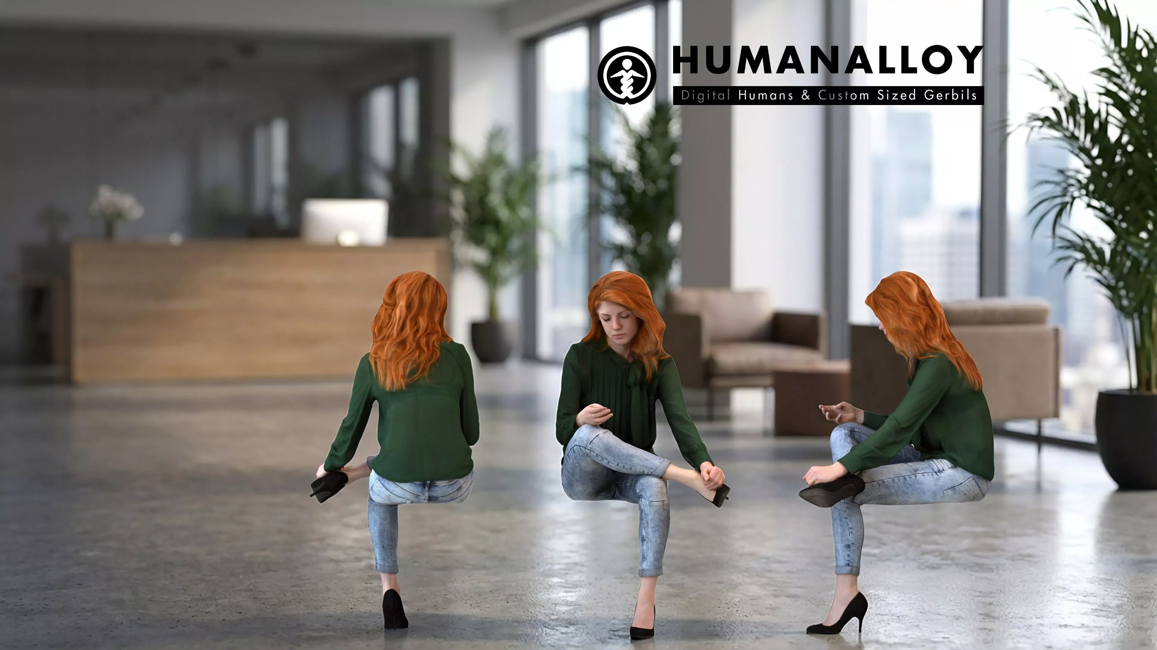 Senior Caucasian woman sitting relaxed in office wearing 3D model