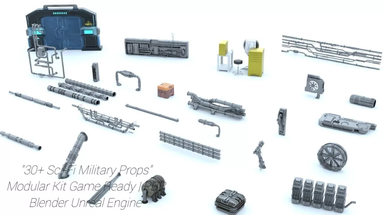 30 Sci Fi Military Props Modular Kit Game-Ready PBR Low-poly 3D model