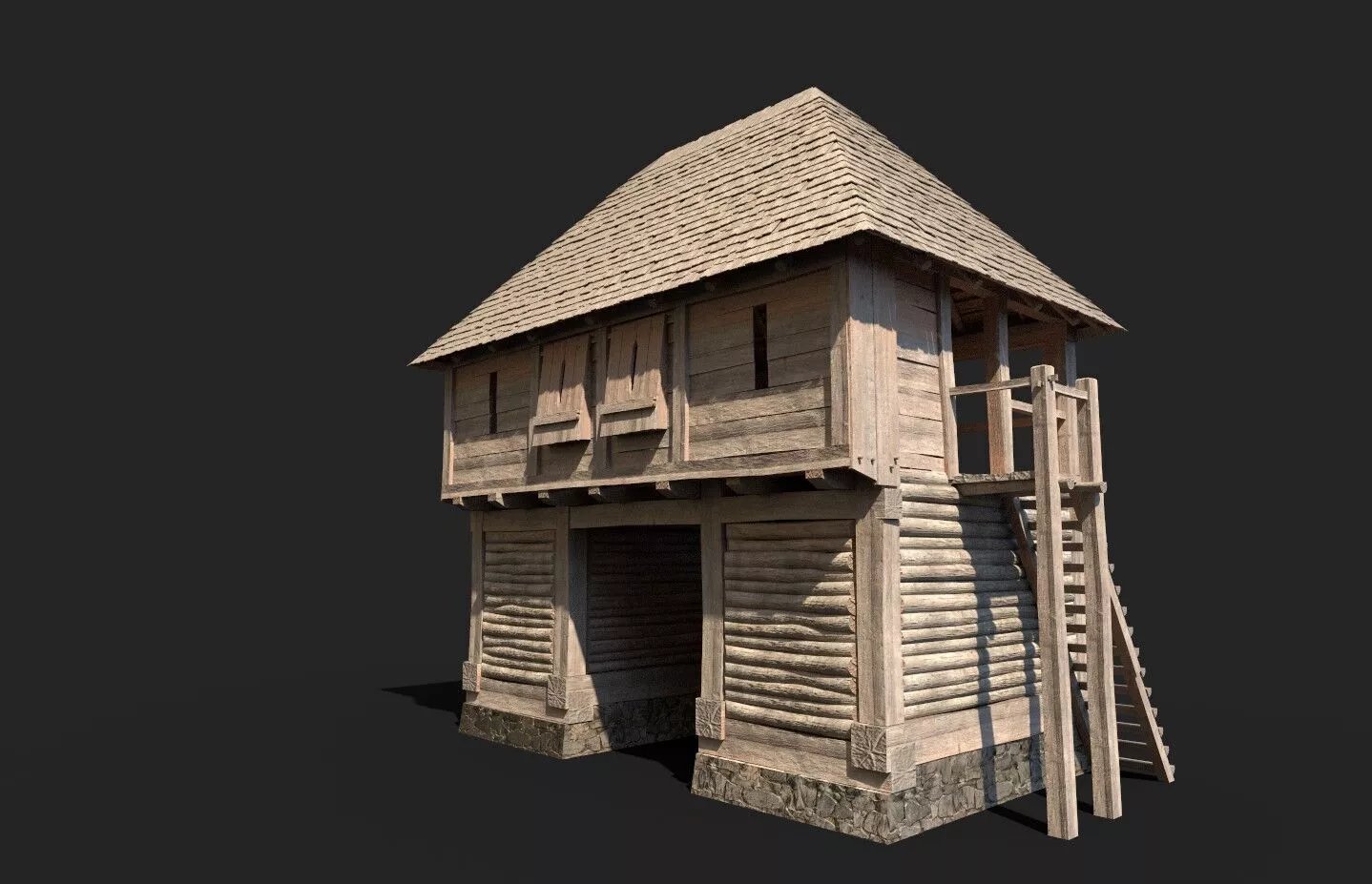 Wooden medieval gate house for castle or town Low-poly 3D model