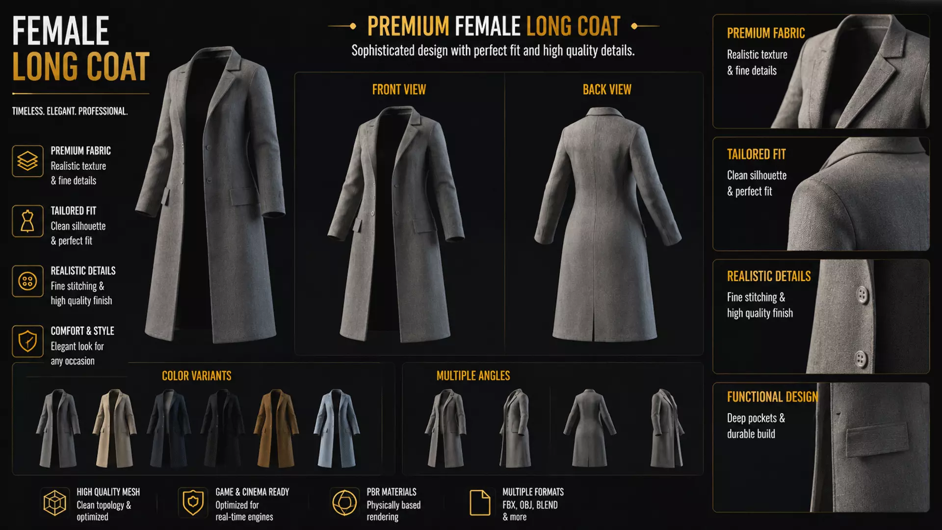Female Formal Long Coat - Metahuman Compatible Low-poly 3D model