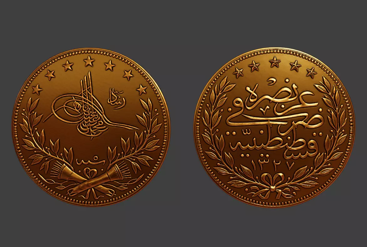 Gold Turkish Arabic 100 kurus Ottoman coin medal 3D print model