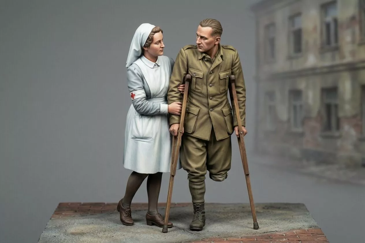 WW2 Nurse Assisting Wounded Soldier Diorama Figure Set 3D print model