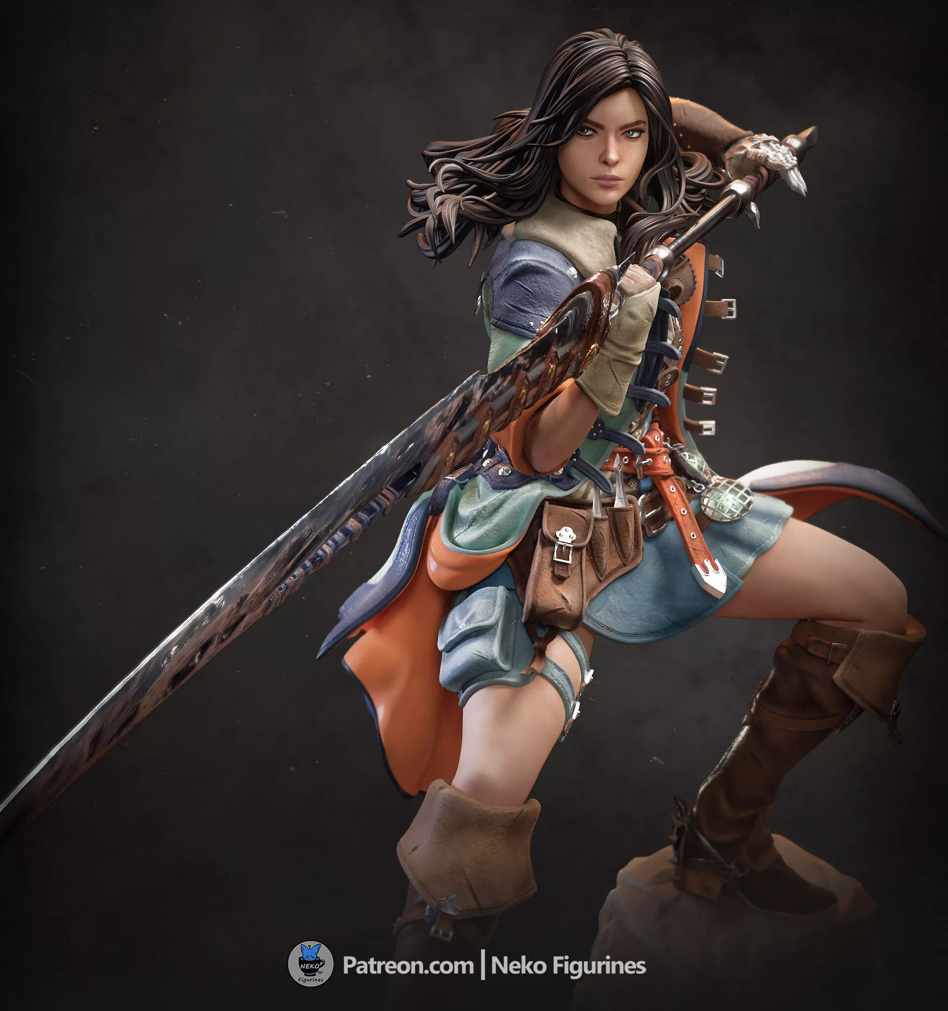 Fantasy Female Hunter Warrior with Spear High Detail 3D STL 3D print model