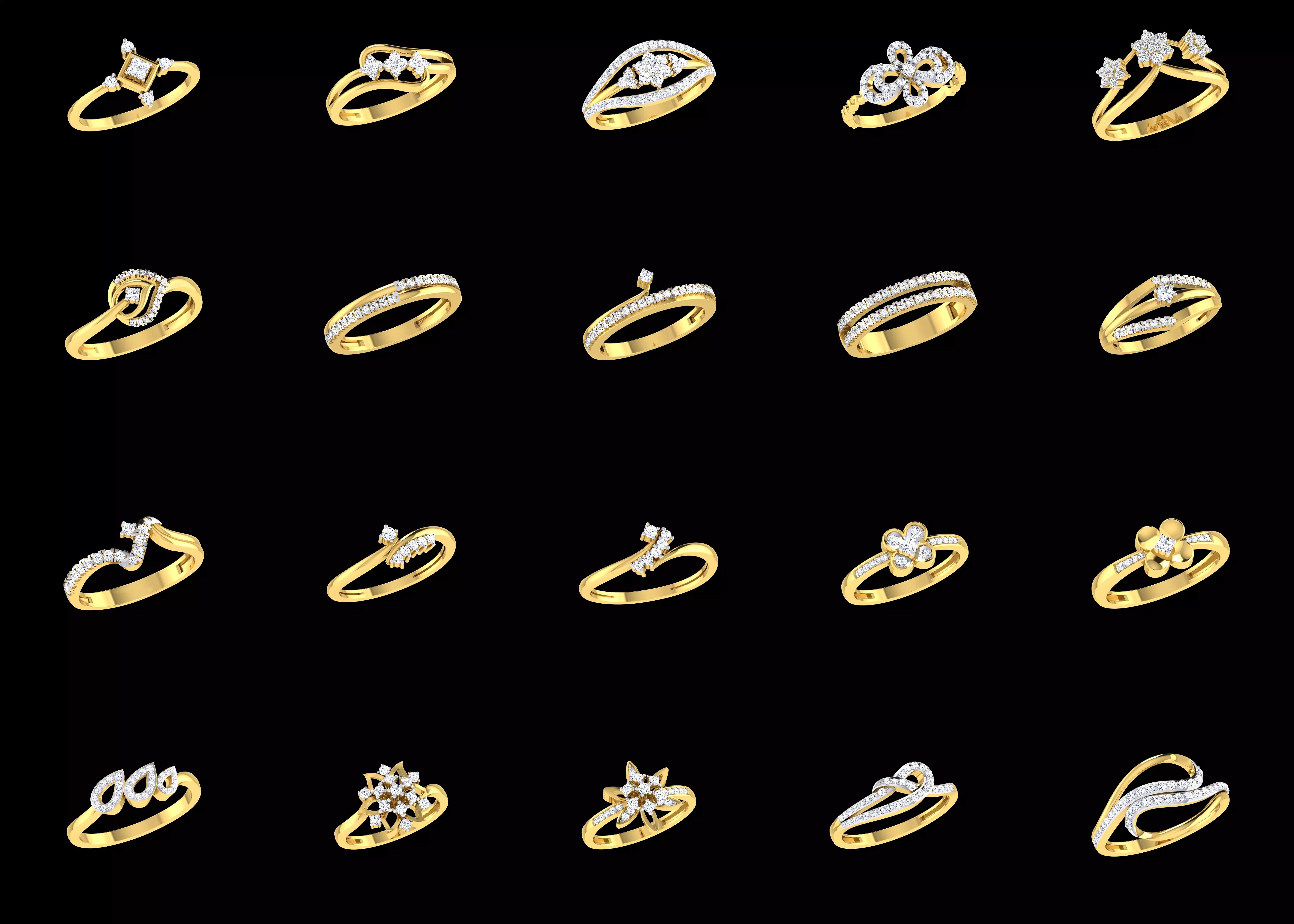 20 Diamond Ring Designs Collection Jewelry CAD STL 3DM Bundle 3D print model