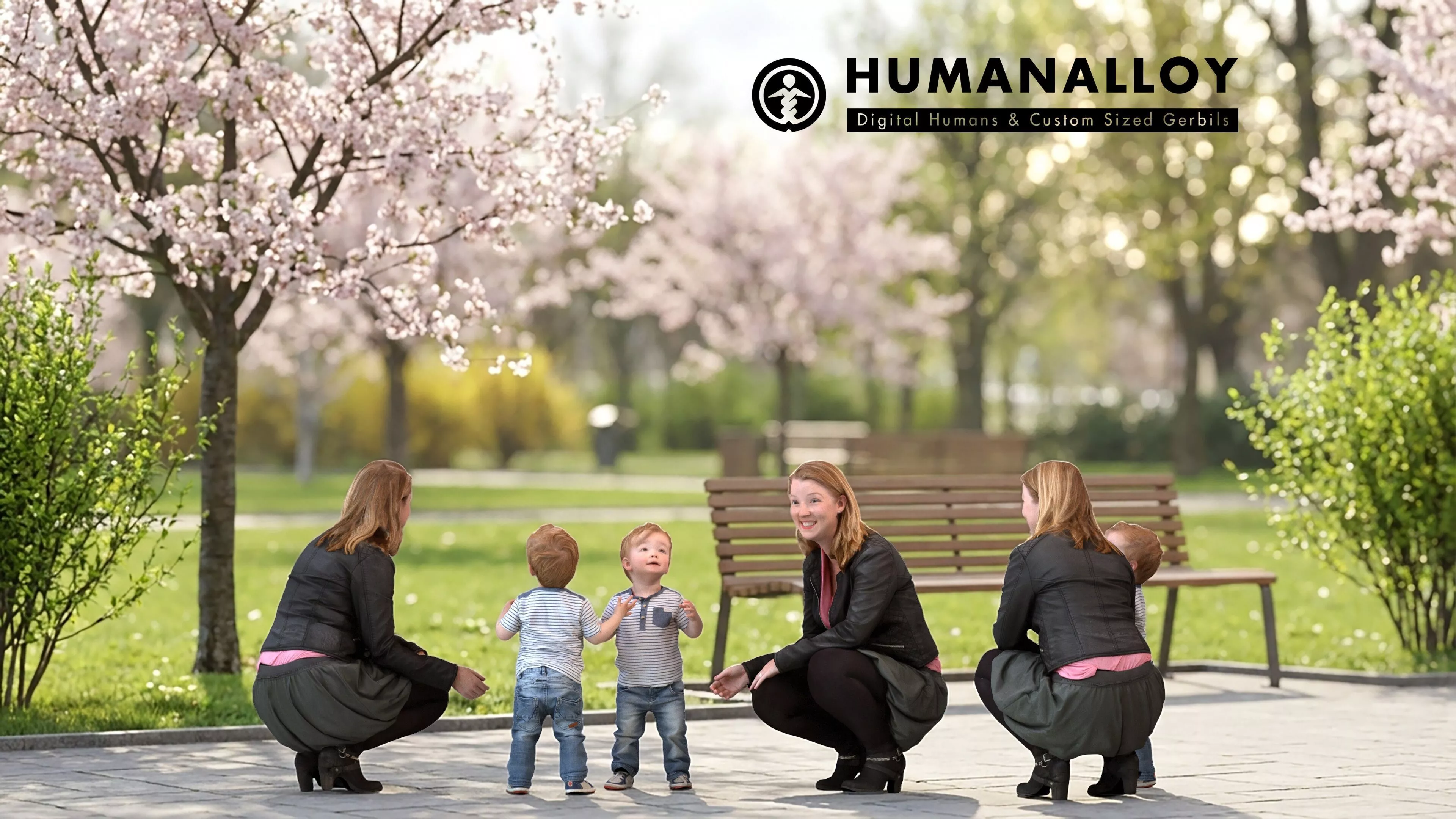Young Caucasian boy crouching with mother in casual 3D model