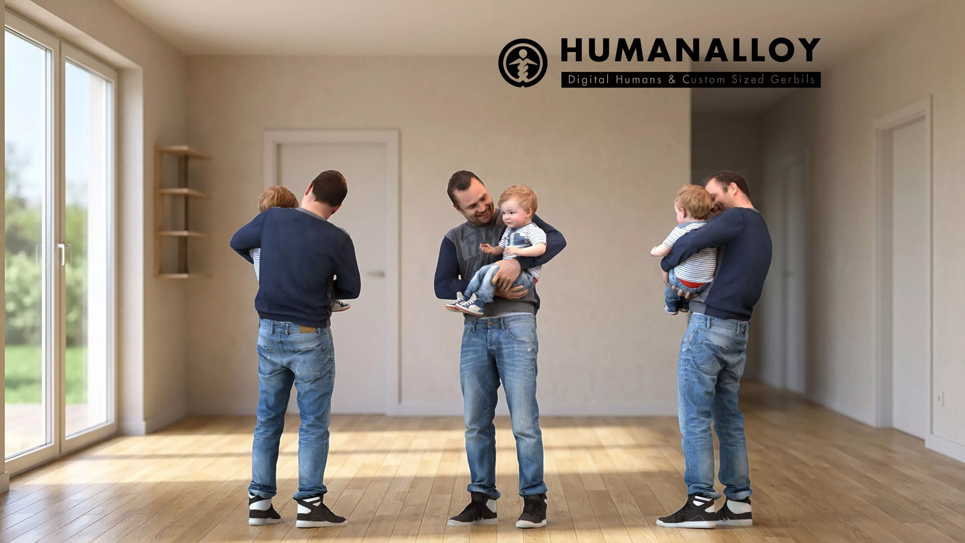 Adult Caucasian man bonding with son in casual transitional 3D model
