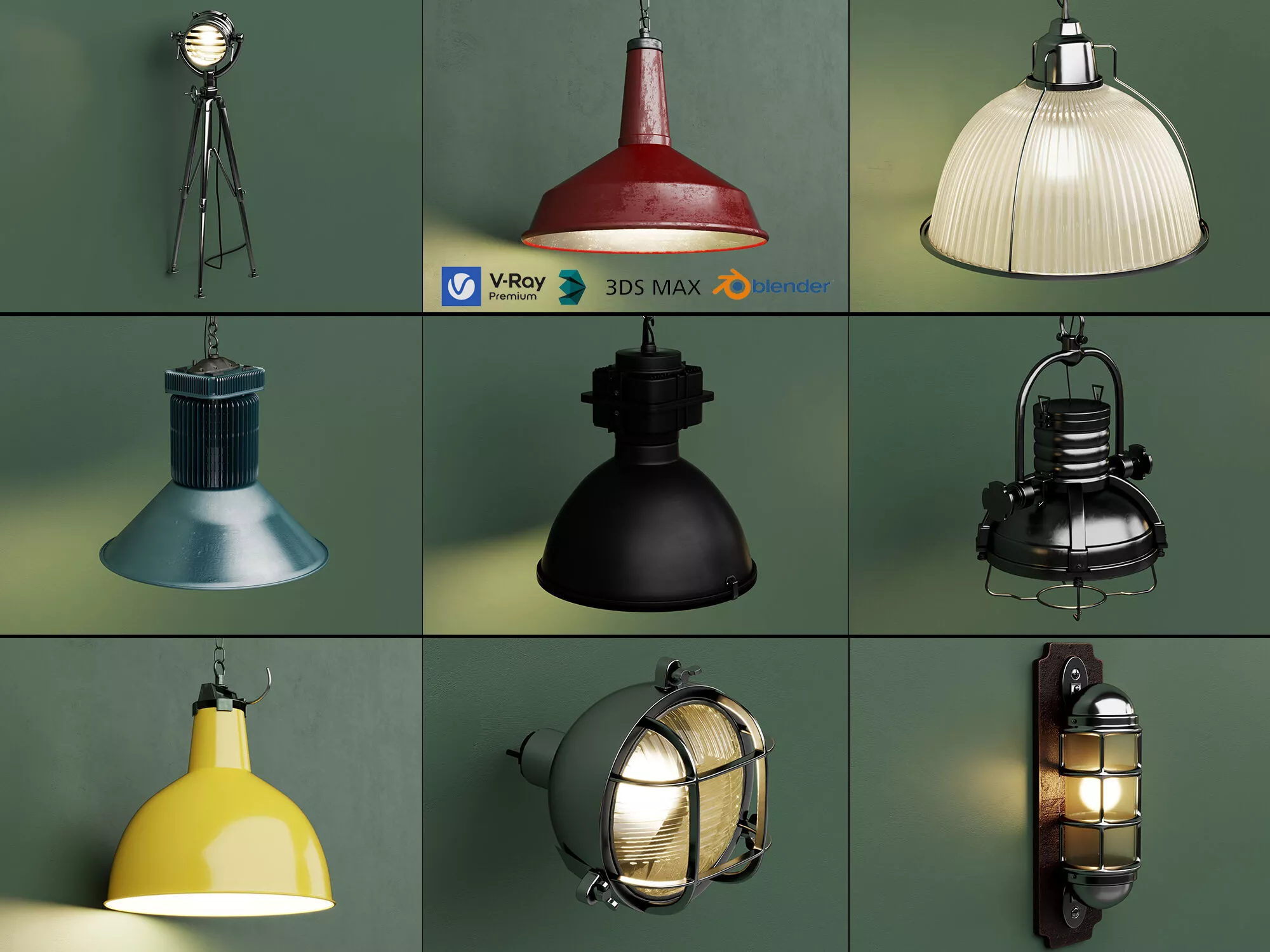 Vintage Industrial Pendant Light Studio Searchlight Wall Lamp 3D model
