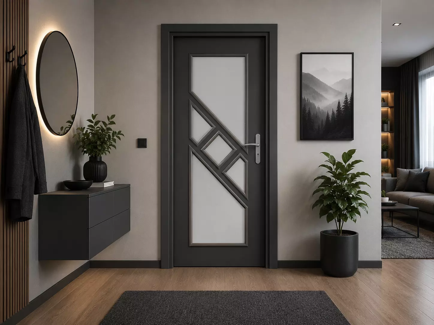 Charcoal Gray Interior Door with Geometric Diamond Frosted Glass Low-poly 3D model