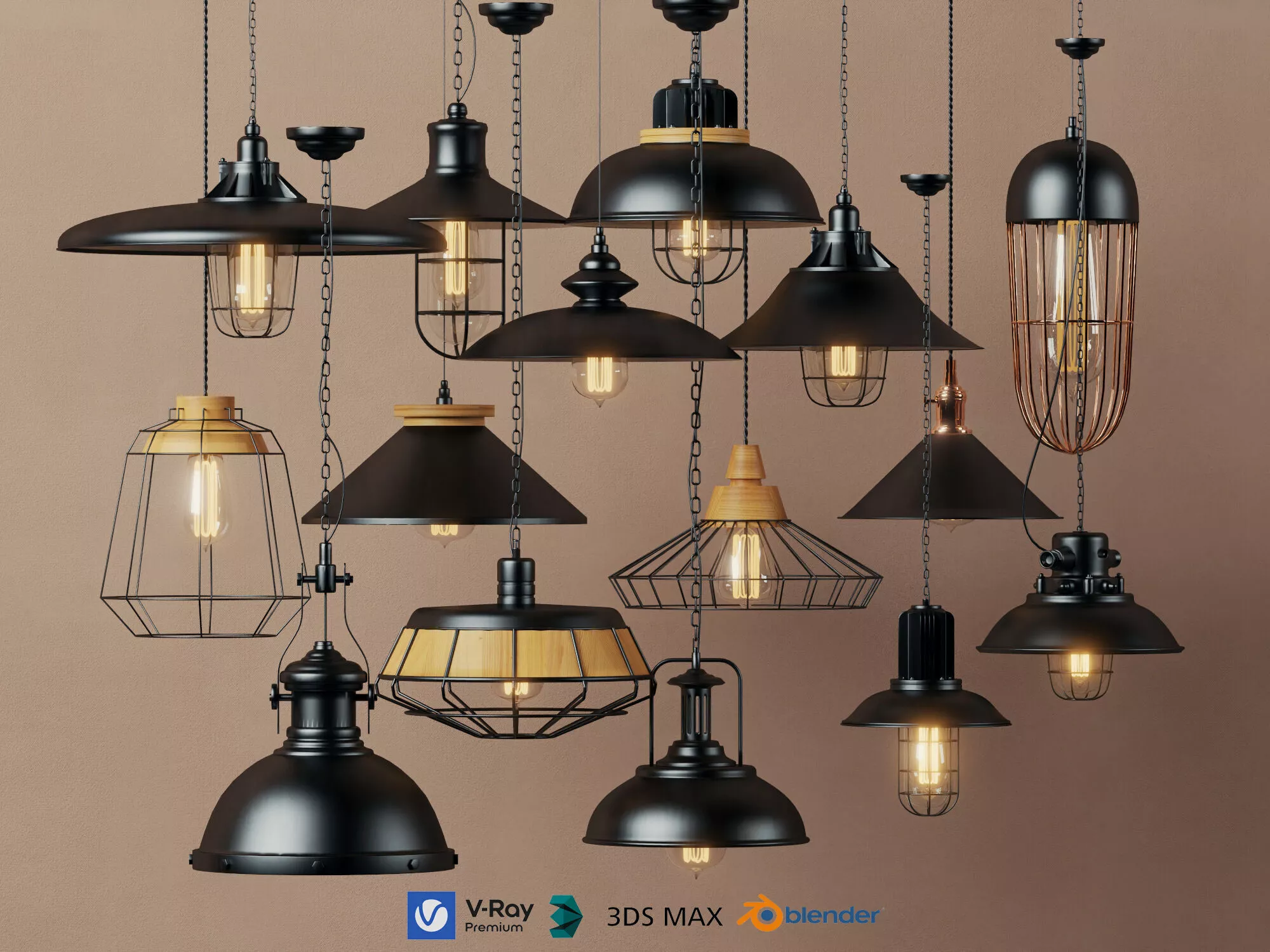 Modern Industrial Pendant Light Retro Vintage Loft Lamp Pack 3D model
