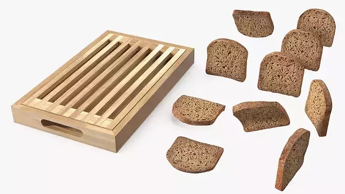 Bread Cutting Board with Crumb Tray and Sliced Loaf Light Wood 3D model 6