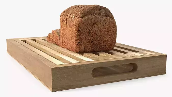 Bread Cutting Board with Crumb Tray and Sliced Loaf Light Wood 3D model 4