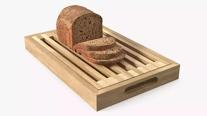 Bread Cutting Board with Crumb Tray and Sliced Loaf Light Wood 3D model