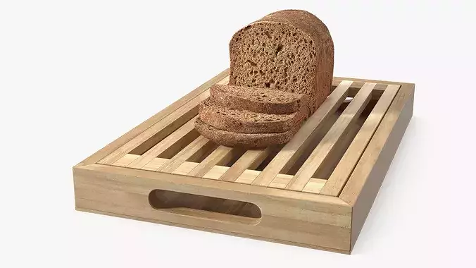 Bread Cutting Board with Crumb Tray and Sliced Loaf Light Wood 3D model 3