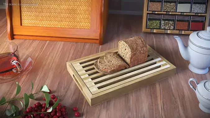 Bread Cutting Board with Crumb Tray and Sliced Loaf Light Wood 3D model 2