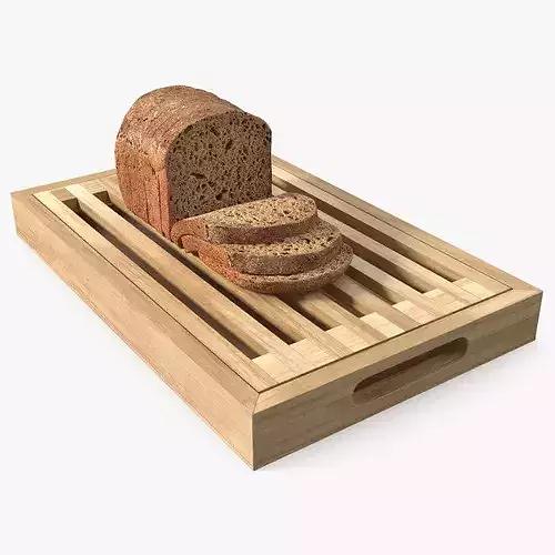 Bread Cutting Board with Crumb Tray and Sliced Loaf Light Wood 3D model 7