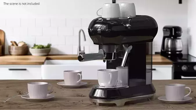 Smeg Espresso Coffee Machine Black with Coffee and Two Cups 3D model 2