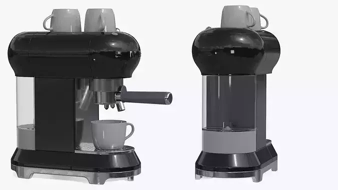 Smeg Espresso Coffee Machine Black with Coffee and Two Cups 3D model 4