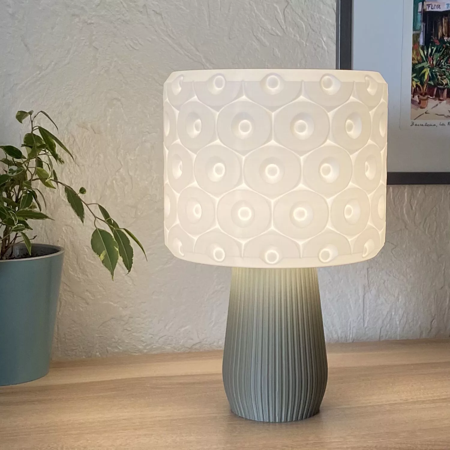 Mid Century Table Lamp Flower Patterned Shade and Ribbed Base 3D print model