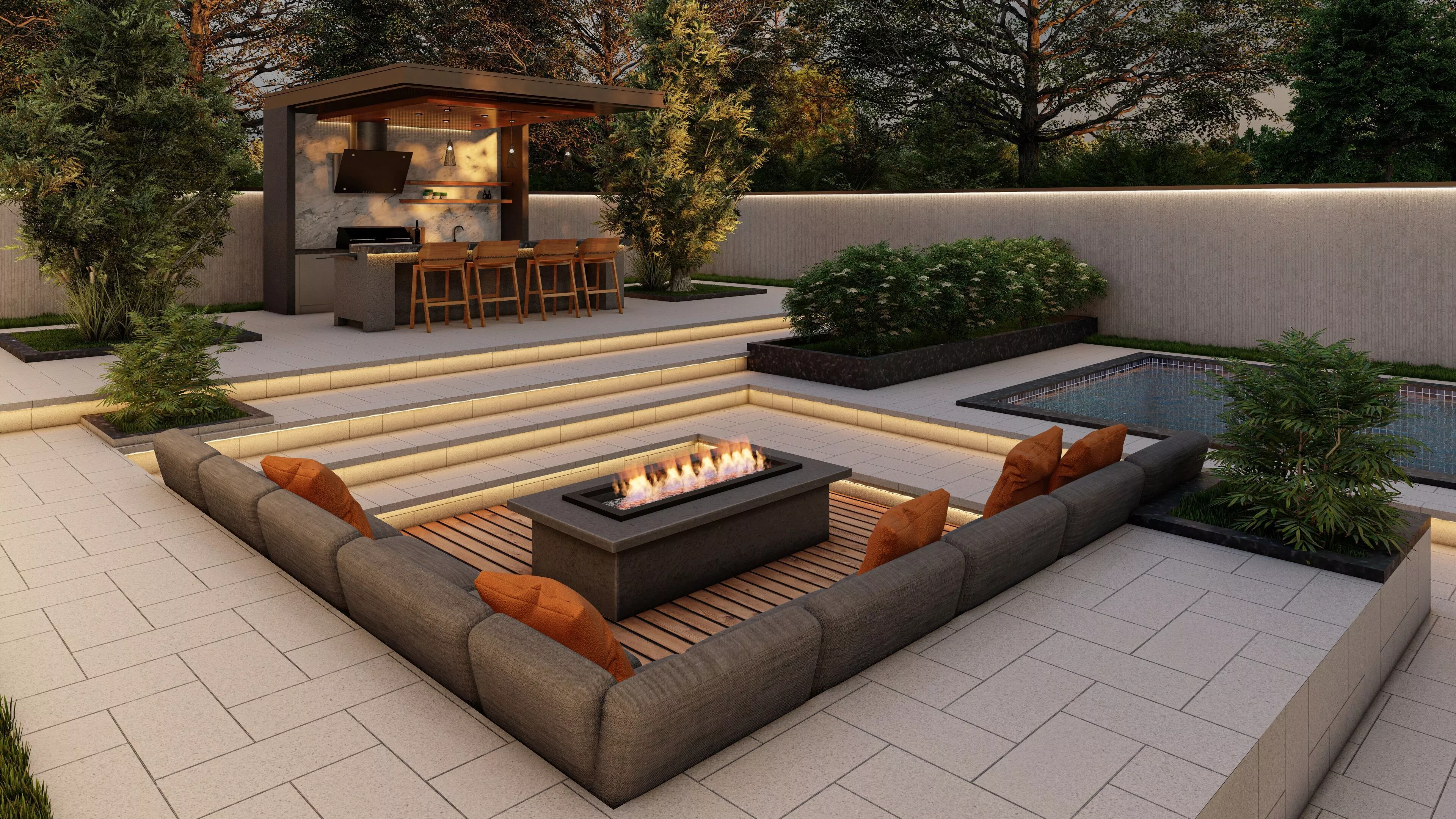 Luxury Villa Backyard with Pool Fire Pit and Outdoor Kitchen 3D model