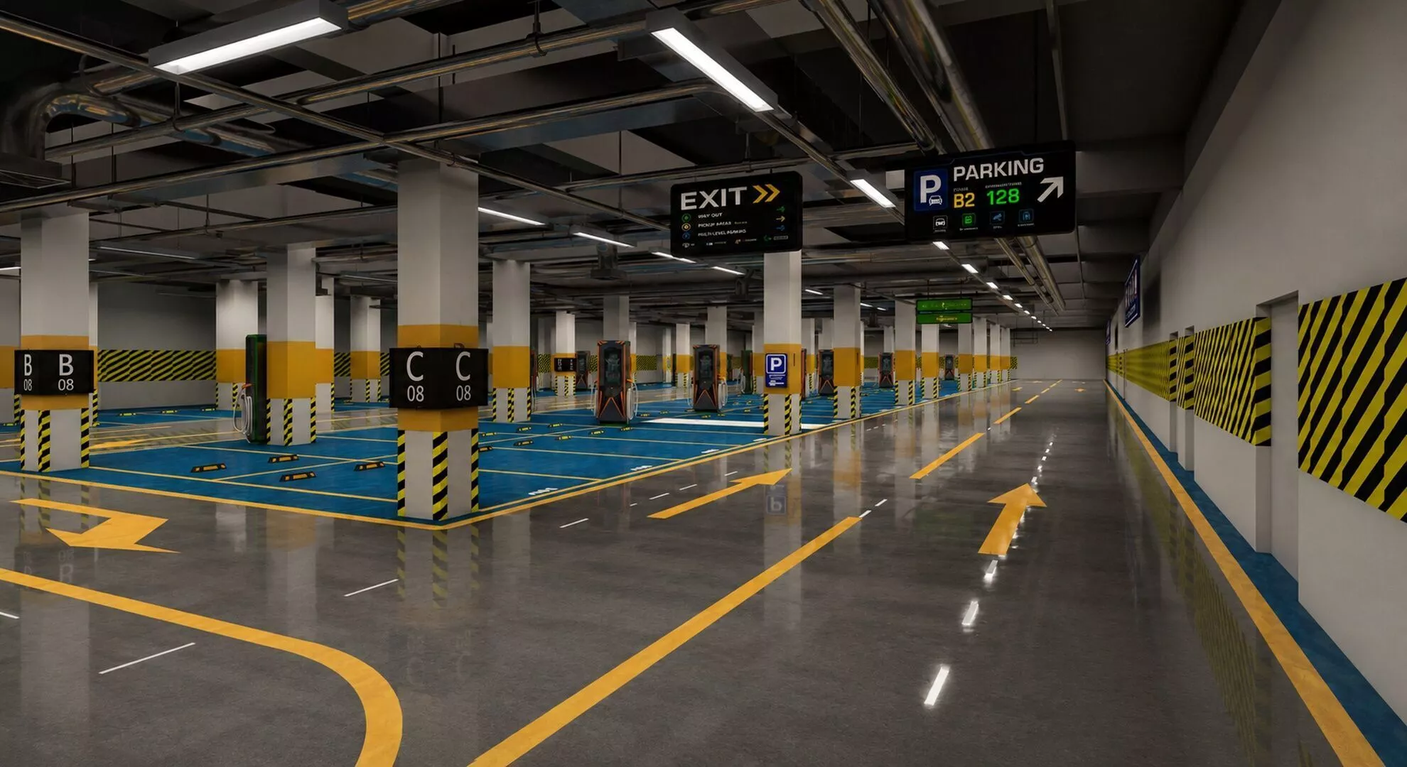 Modern Underground Parking Garage with EV Charging Stations Low-poly 3D model