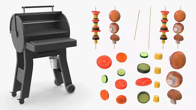 Professional Outdoor BBQ Grill with Vegetables on Sticks 3D model 4