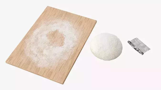 Round Bread Dough Ball On Wooden Board With Bench Scraper 3D model 7