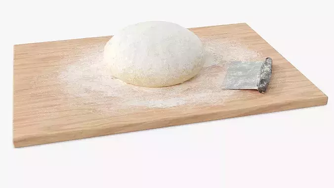 Round Bread Dough Ball On Wooden Board With Bench Scraper 3D model 3