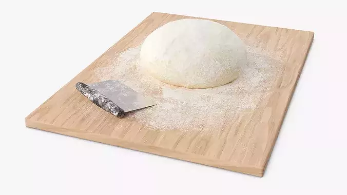Round Bread Dough Ball On Wooden Board With Bench Scraper 3D model
