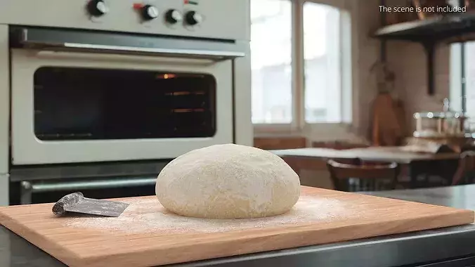 Round Bread Dough Ball On Wooden Board With Bench Scraper 3D model 2
