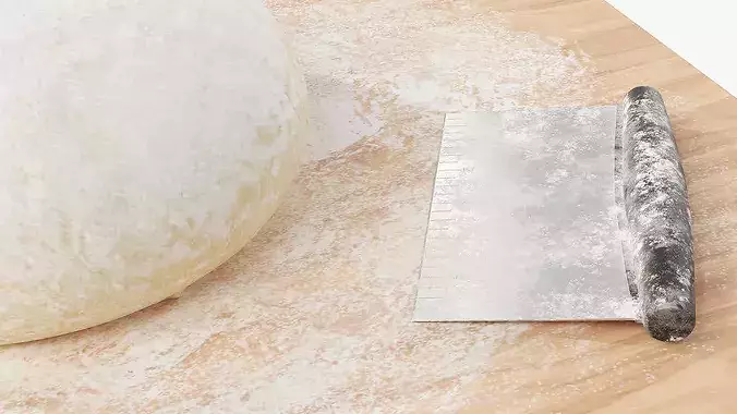 Round Bread Dough Ball On Wooden Board With Bench Scraper 3D model 4