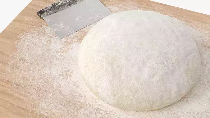 Round Bread Dough Ball On Wooden Board With Bench Scraper 3D model 5