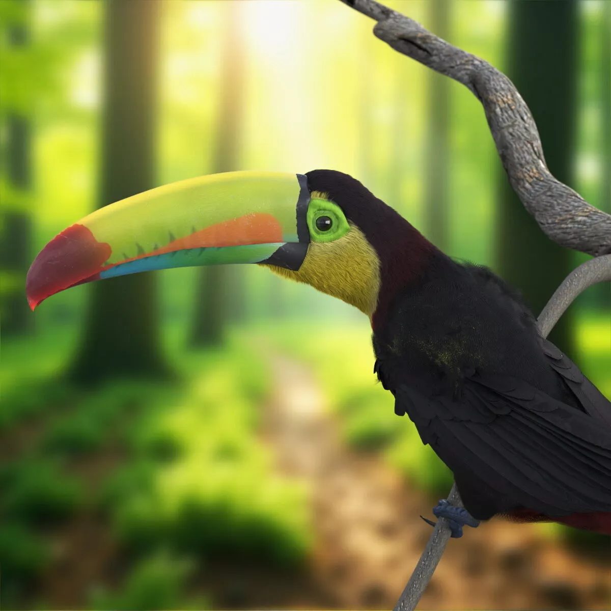 Keel Billed Toucan Perched on Branch Fur 3D model
