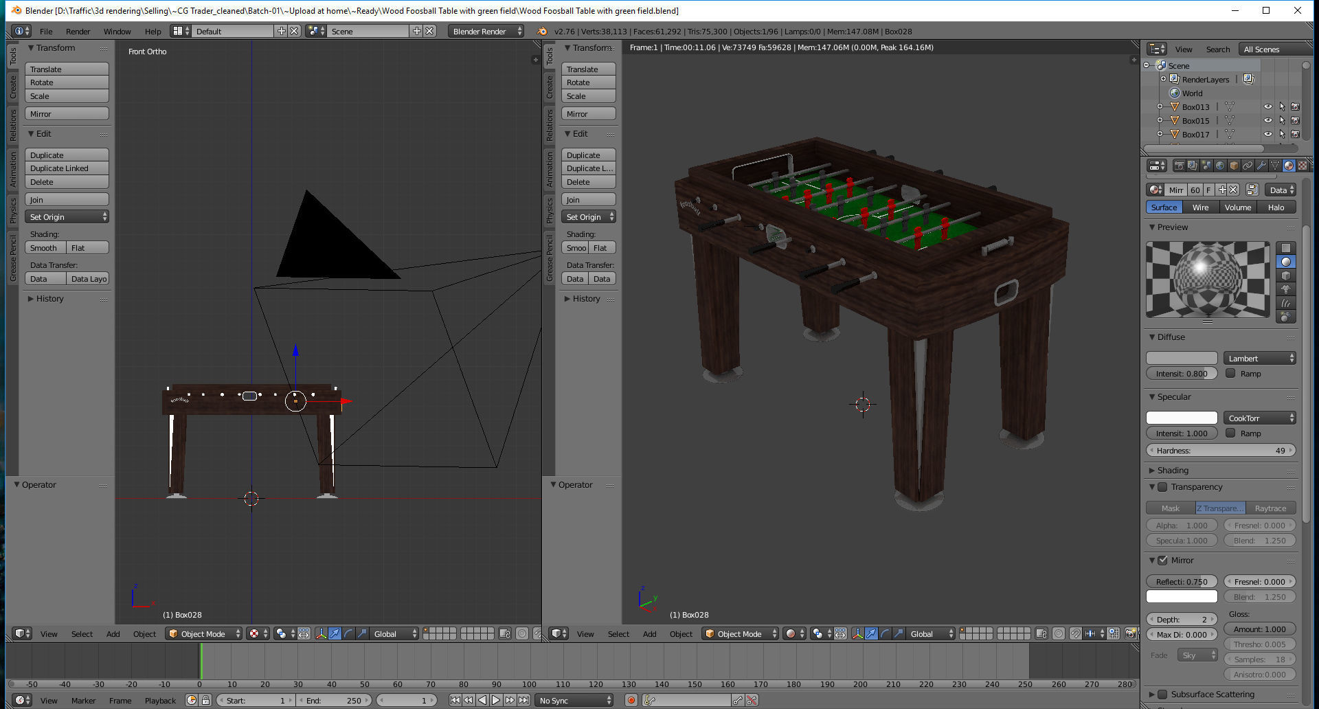 Wood Foosball Soccer table with green pitch 3D model_17