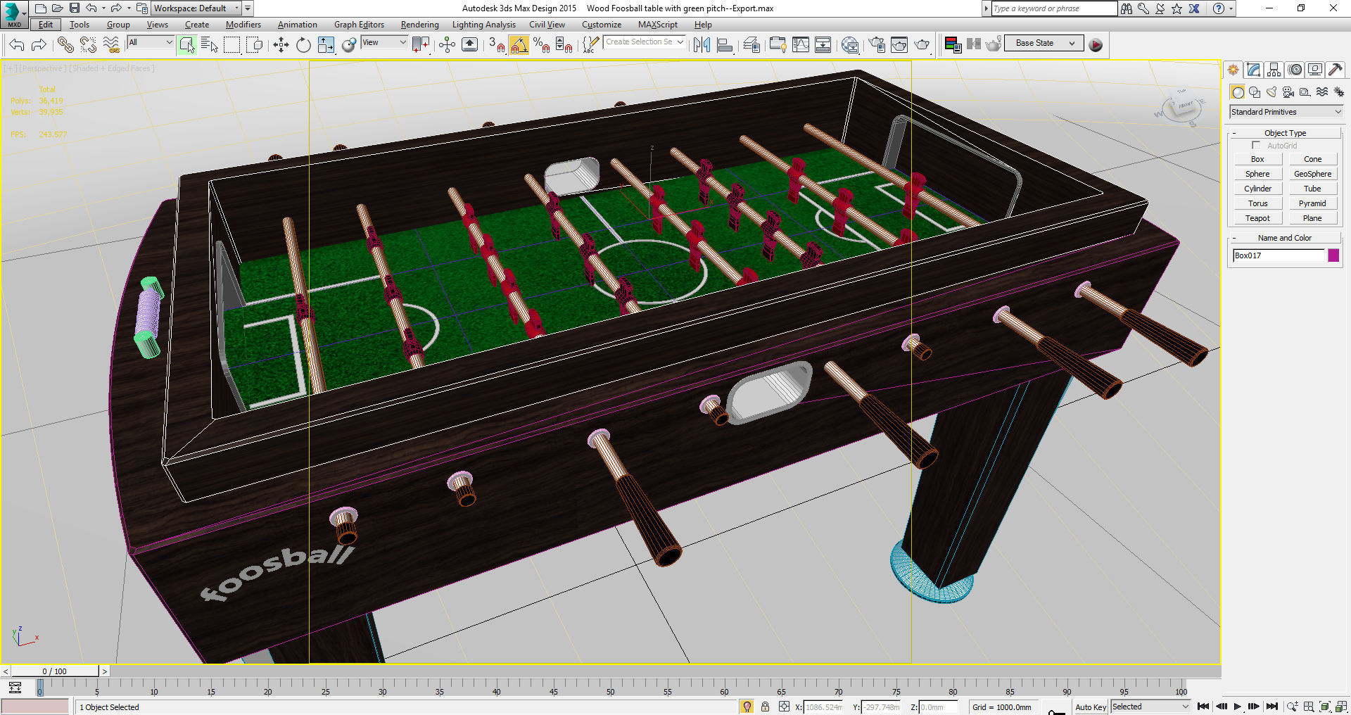 Wood Foosball Soccer table with green pitch 3D model_19