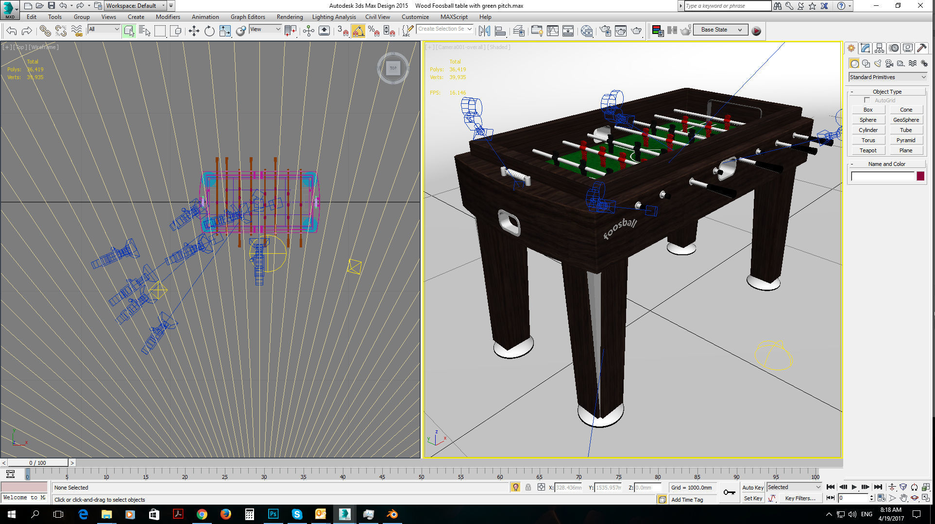 Wood Foosball Soccer table with green pitch 3D model_20