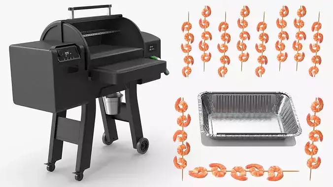 Outdoor Cooking Grill with Grilled Shrimps 3D model 4