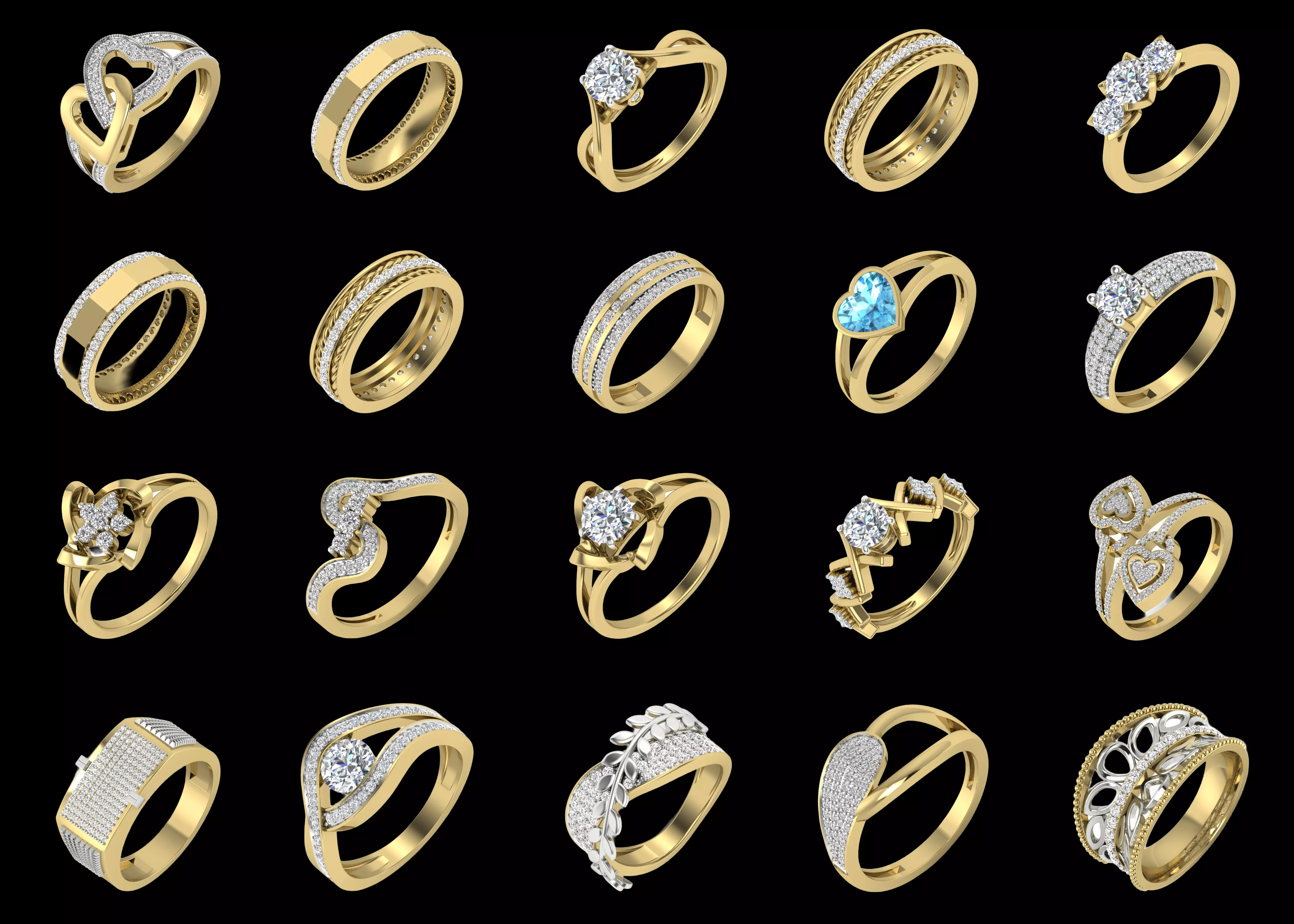 20 Unique Diamond Ring Designs Bundle STL 3DM Jewelry Pack 3D print model