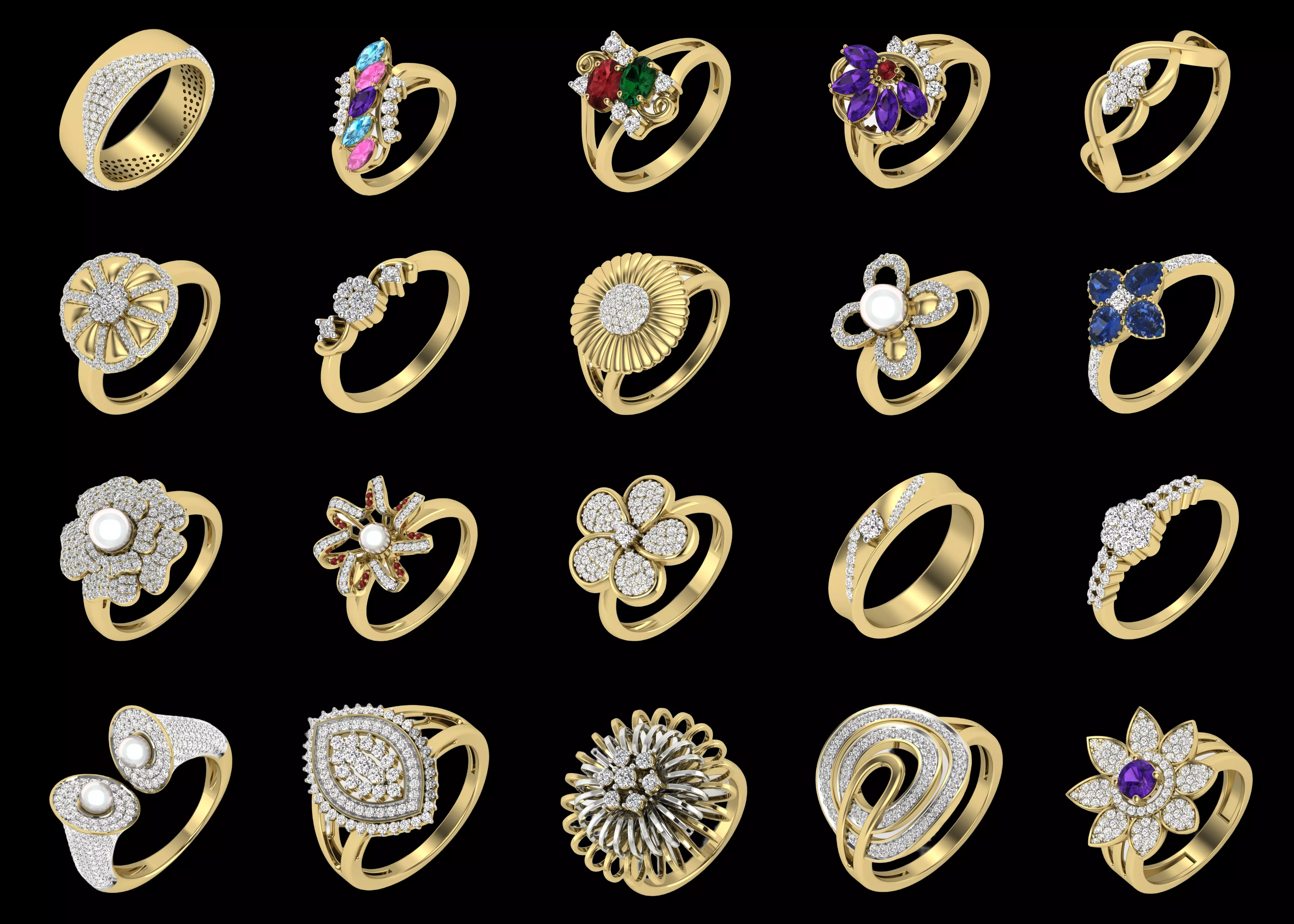 20 Floral Pearl Gemstone Ring Designs Bundle STL 3DM Pack 3D print model