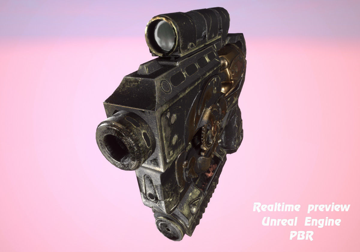 Steampunk gun revolver animated realtime UE4 Unity rigged PBR Low-poly 3D model_7