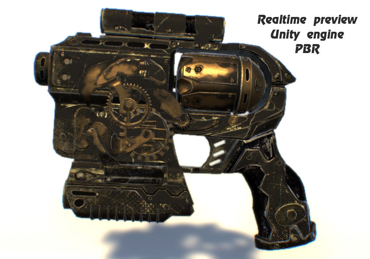 Steampunk gun revolver animated realtime UE4 Unity rigged PBR Low-poly 3D model_6