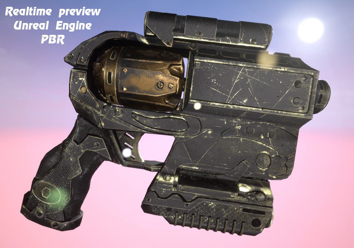 Steampunk gun revolver animated realtime UE4 Unity rigged PBR Low-poly 3D model_1