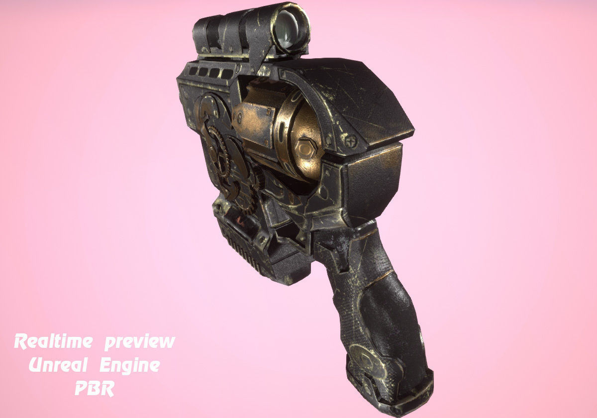 Steampunk gun revolver animated realtime UE4 Unity rigged PBR Low-poly 3D model_3